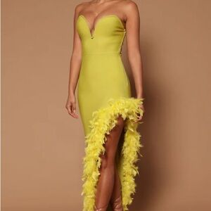 Fashion Nova Strapless Yellow Dress with Feather Detail